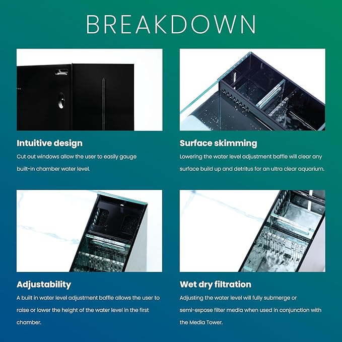 Ultum Nature Systems Dual AIO - Freshwater/Saltwater Compatible All in One Rimless Tank with Triple Chamber Filtration System, Integrated Filter Aquarium w/Leveling Mat - 20 Gallon, 60A, Black