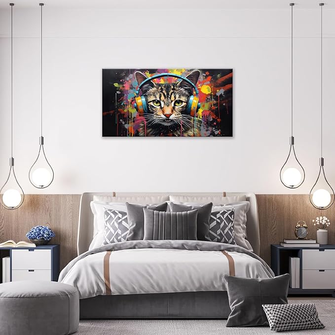 Large Banksy Cat Wall Art Colorful Graffiti Canvas Living Room Pictures Framed Prints Street Pop Modern Wall Decor Painting Artwork for Bedroom Dining Office Home 60"x30"