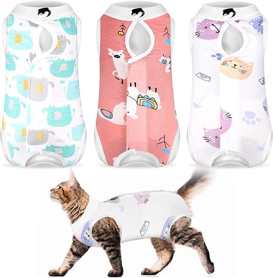 Nuanchu 3 Pieces Cat Recovery Suit Kitten Recovery Suit E-Collar Alternative for Cats and Dogs Abdominal Skin Anti Licking Pajama Clothes Sets(Cute Pattern,Medium)