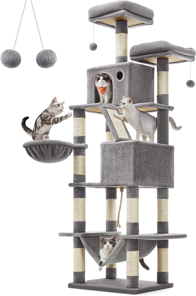 Feandrea Cat Tree, 81.1-Inch Large Cat Tower with 13 Scratching Posts, 2 Perches, 2 Caves, Basket, Hammock, Pompoms, Multi-Level Plush Cat Condo for Indoor Cats, Light Gray UPCT190W01