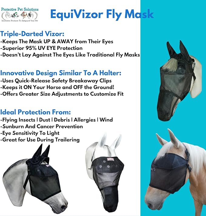 EquiVizor 95% UV Eye Protection (COB) Standard Horse Fly Mask - Help with Uveitis, Corneal Ulcer, Light Sensitivity. Designed to Stay On Your Horse, Off The Ground.