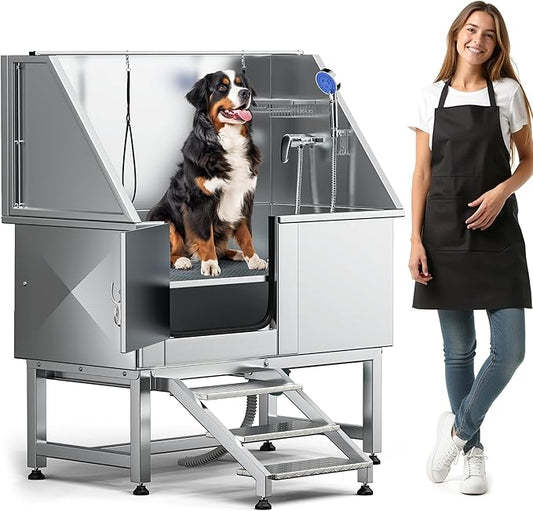 DWVO Professional Pet Dog Bathing Station for Grooming, 50'' Dog Grooming Bathtub with Left Stairs, Floor Grate, Faucet, Showerhead & Soap Holder for Large, Medium & Small Pets