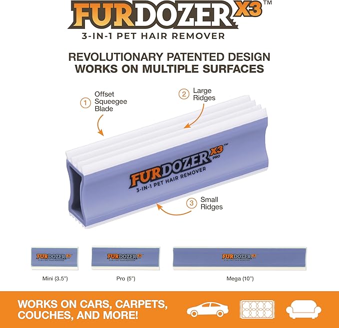 FurDozer X3 PRO Pet Hair Remover & Auto Detailing Tool - Cat & Dog Hair Remover for Carpet, Car Interior, Couch, Bedding, & Furniture - Reusable Pet Hair Removal Tool for Dog Fur & Lint, 5", Purple