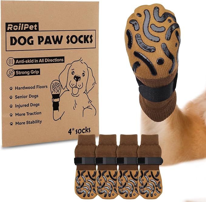 Double Sides Non-Slip Dog Socks to Prevent Licking Paws - Strong Traction for Paw Protector, Senior Dogs, Hardwood Floors, Dog Booties with Grippers - Size Large