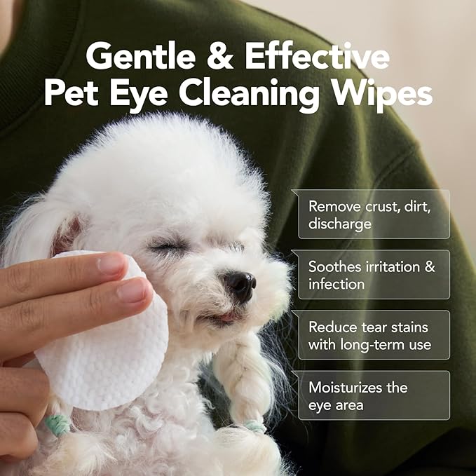 Dog Eye Wipes, Gentle Eye Wipes for Dogs & Cats, Pet Eye Cleaner Wash Removes Discharge, Crust, Debris, and Gunk (100, Unscent)