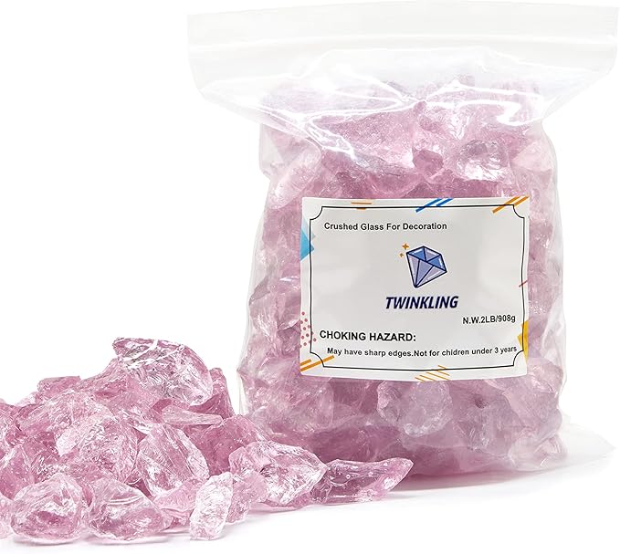 TWINKLING High Luster Fire Glass Gravel Stone,Broken Glass,Fire Pit Glass,Crushed Glass for Fireplace Pit Aquarium Garden Decoration,1-3cm,2-Pound Jar (Pink)