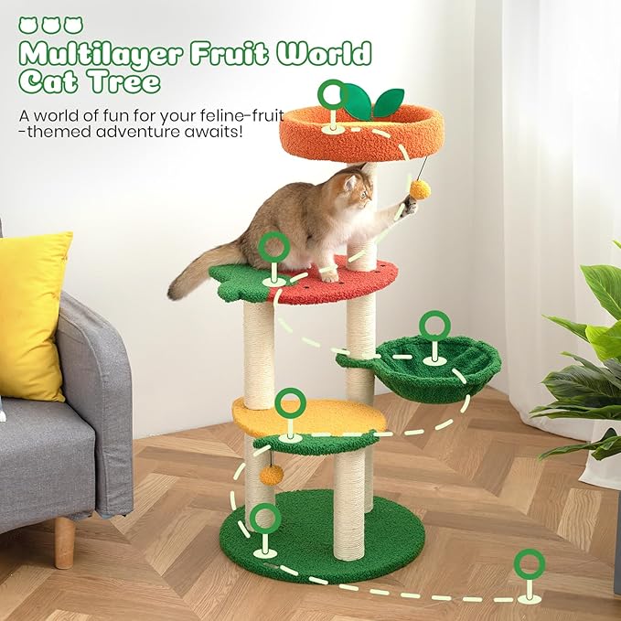 Happy & Polly Cute Cat Tree - 40.5" Fruit World Cat Tower for Indoor Cats, Cat Tree Condo with Sisal Scratching Posts, Cozy Hammock, Plush Strawberry Perches, Kitten Cat Trees Towers Activity Center