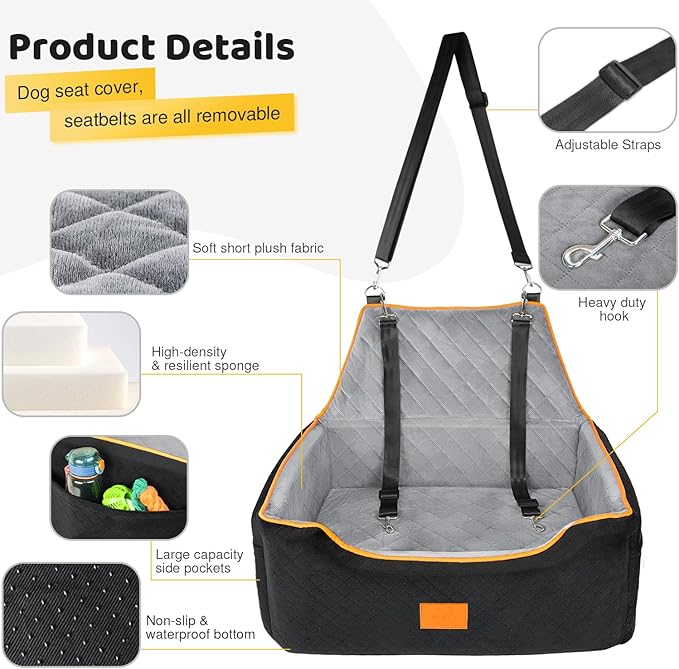 Dog Car Seat for Large/Medium Dog, Booster Seat for Dogs Under 55Lbs or 2 Small, Detachable and Washable Travel Pet Seat with Thick Cushion and Storage Pockets (Black/Gray)