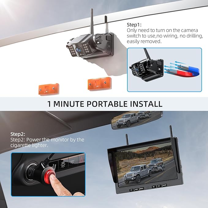 eRapta 2 Wireless Backup Camera Magnetic: 10.1" IPS DVR Monitor, Install-Free RV Backup Camera with Infrared Night Vision, Built-in 9600mAh Battery for Trailer/RV/Truck/Horse Trailer/Tractor ACT1002