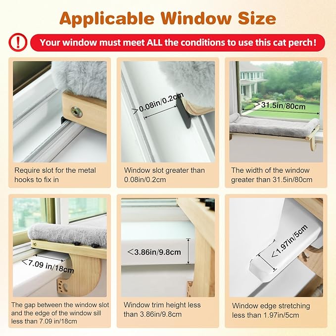 Oversized Cat Window Perch, 31.5 x 14.96 in, Cat Window Hammock with Plush Bolster for Large Felines and Multi Felines, Adjustable Cats Bed for Windowsill, Bedside, Cabinet & Drawer (Gray)