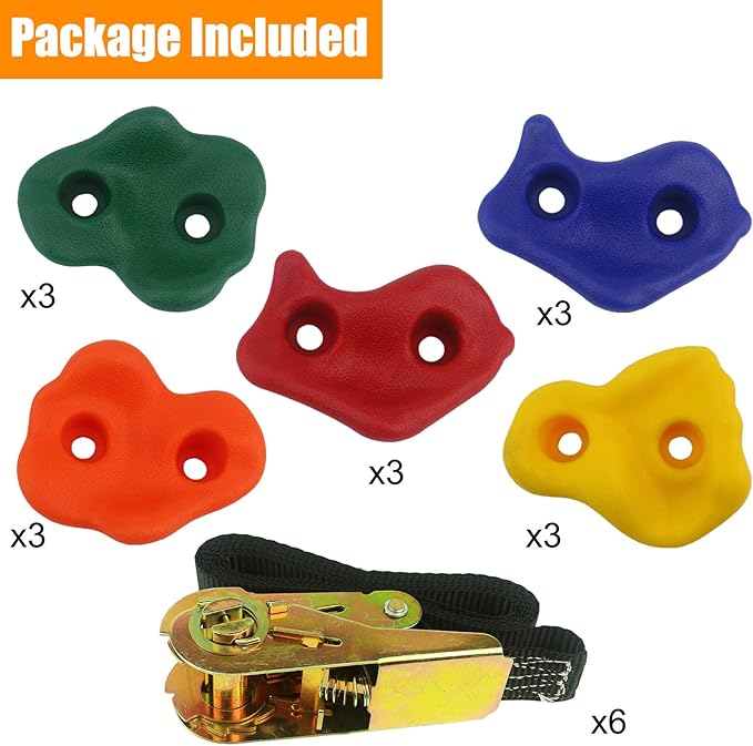 Ogrmar 15 Packs Ninja Tree Rock Climbing Holds Kits with 6 Ratchet Straps for Kids & Adults Outdoor Backyard Ninja Tree Obstacle Course Training