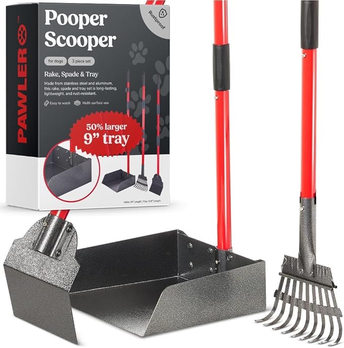 Pooper Scooper for Large Dogs, Small Dogs and Horses, Metal Poop Scooper Set with Long Handle Rake, Spade and Tray for Yard, Grass, Dirt or Gravel, Heavy Duty Aluminum Poop Picker Upper