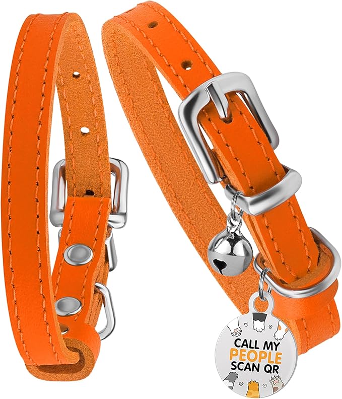 BRONZEDOG Leather Cat Collar with Removable Bells Non Breakaway Kitten QR Tag for Girl Boy (9" - 12" Cats/Mini Dogs, Orange & Silver)