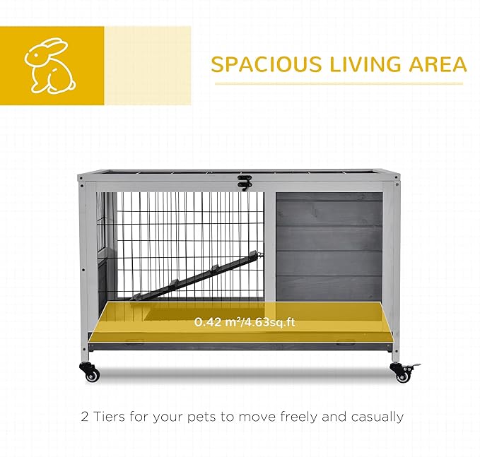 PawHut Wooden Rabbit Hutch Indoor Outdoor, Elevated Bunny Cage with No Leak Tray Enclosed Run with Wheels, Ideal for Guinea Pigs and Small Animals, Gray