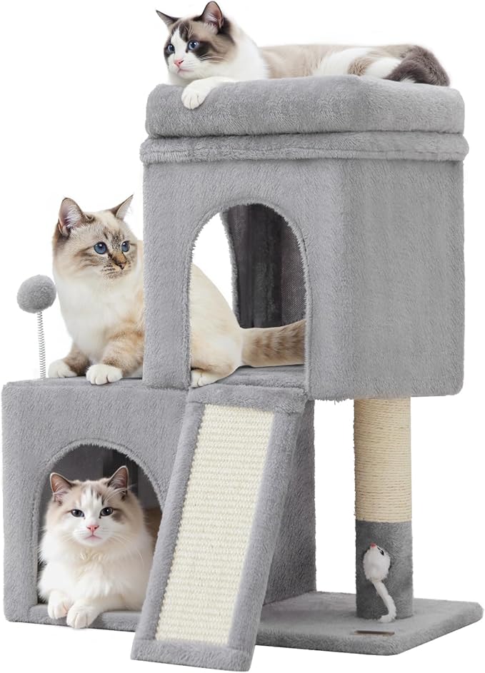 24inch Tall cat Tree with 2 cat condo and Mouse Toy Cozy Small cat Tower with Scratching Post and Board for Kitties and Small Cats.（Light Grey）