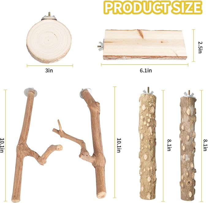Bird Perches, 6PCS Natural Wood Birds Perch Stand Set, Parakeet Toys, Bird Cage Accessories, Stand & Toys for Parakeets, Cockatiels, Conure, Budgies