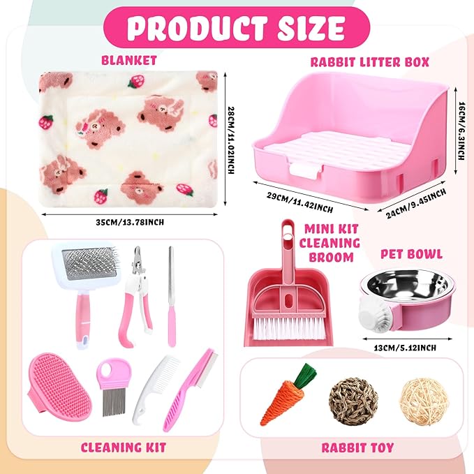 15 Pcs Rabbit Starter Kit Small Rabbit Litter Box Animal Grooming Kit Bunny Toys Bowl Blankets with Cleaning Set for Guinea Pig Accessories(Pink)