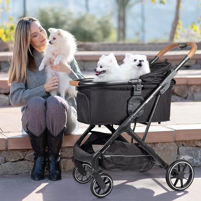 T6 Luxury Pet Stroller for Medium Dogs Up to 66lbs or 2 Small Pets – 3-in-1 Dog & Cat Stroller with Removable Carrier, Foldable & Lightweight (Black)
