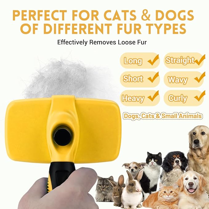 Large Self Cleaning Deshedding Brush for Dogs & Cats - One Button Hair Release Grooming Tool, Gentle Massage Brush for Long and Short Hair (Yellow)