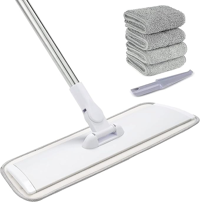 18" Professional Microfiber Mop Floor Cleaning System, Flat Mops with Stainless Steel Handle, 4 Reusable Washable Mop Pads, Wet and Dust Mopping for Hardwood, Vinyl, Laminate (White&Grey)
