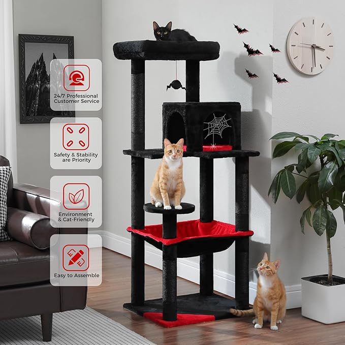 PETEPELA 56.3" Gothic Cat Tree for Indoor Cats, Tall Cat Tower with Super Large Hammock (20"X16"), Sisal Covered Scratching Posts, Cozy Condo and Top Perch Black