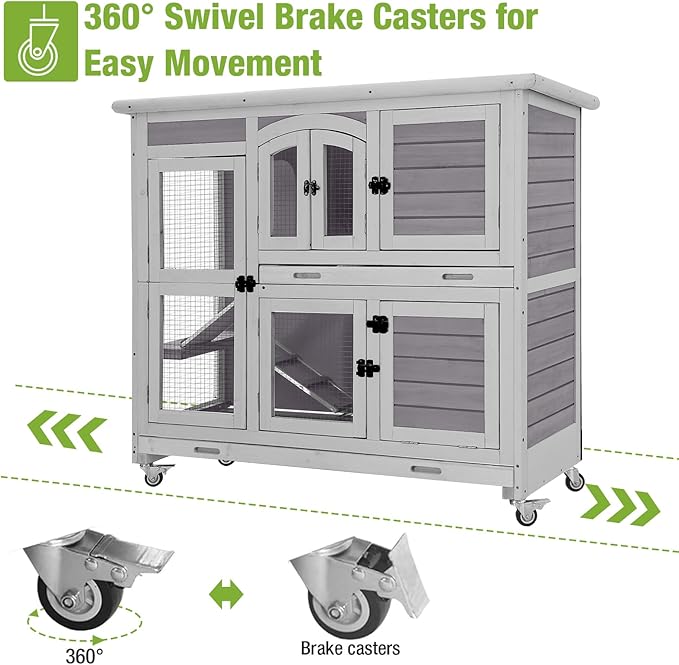 GUTINNEEN Large Rabbit Hutch Indoor with Chew-Proof Ramp, 47" Wooden Bunny Cage Guinea Pig Cages with Casters, Leak-Resistant Trays for Rabbits, Guinea Pigs, Small Animals