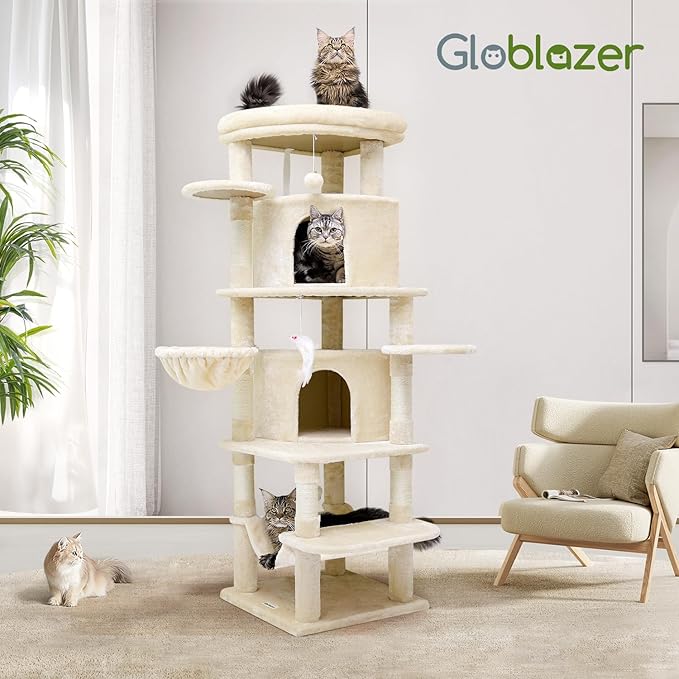 Globlazer Corner Cat Tree for Large Cats, 66inch Tall Curved Series Large Cat Tower for Multiple Indoor Cats with 6 Scratching Posts, 2 Spacious Cat Condos, Hammock, Hanging Basket, C66, Beige