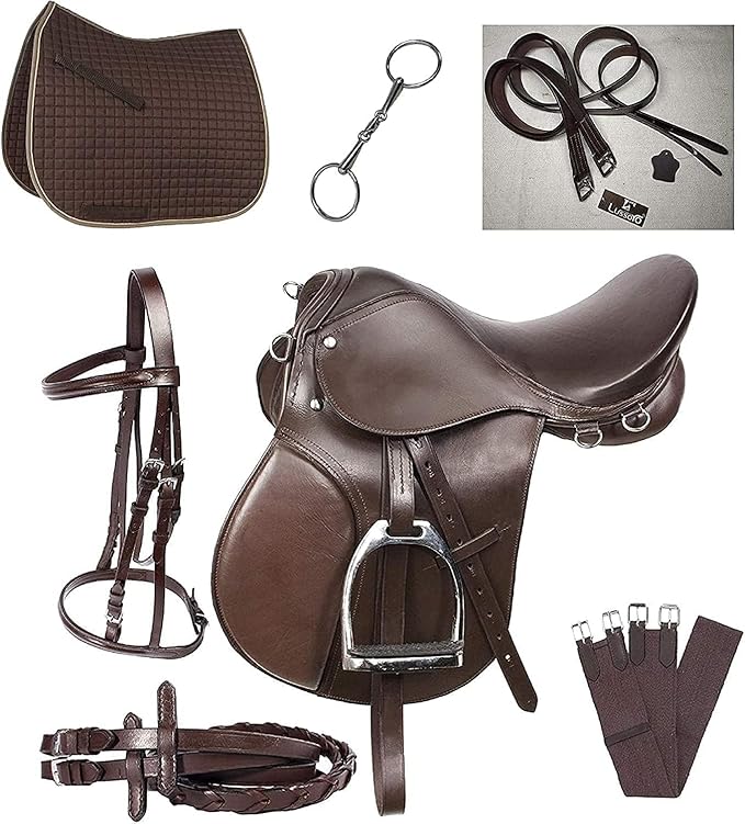 Leather English Riding Horse Saddle Starter Kit Brown Saddle Combo Pack Set of 7 pcs