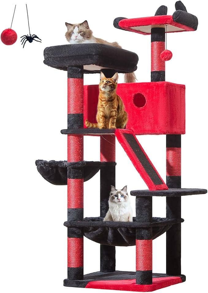 Taoqimiao Gothic Cat Tree 57.5-Inch, Cat Tower for Indoor Cats Large Adult, Extra Large Cat Condo, 8 Sisal Scratching Posts, Metal Frame Cozy Hammock, Durable Scratch Board, 2 Top Perches, MS026BR
