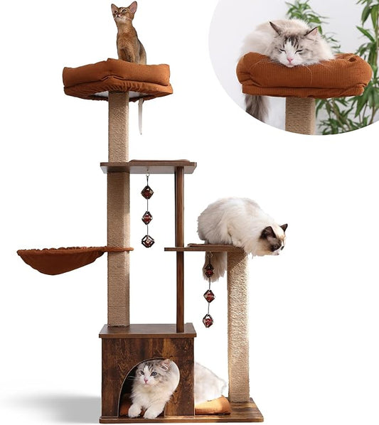 FUKUMARU Cat Tree, 4 in 1 Large Modern Cats Tower with Jute Scratching Post and Hammock, Wood Cat Condo with silvervine Balls, Brown Cat Climber Stand Playhouse for Indoor Cats, Retro Style