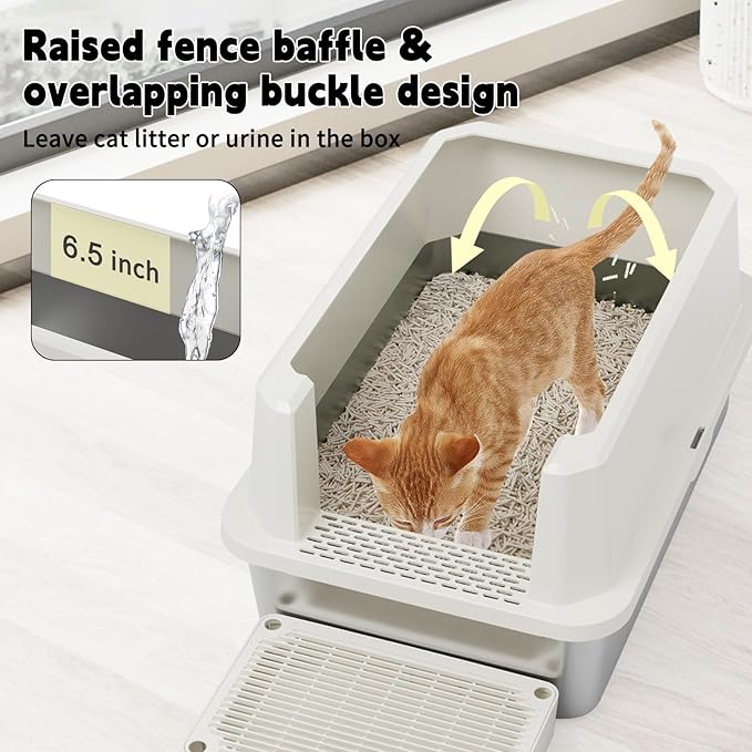 RIZZARI Stainless Steel Cat Litter Box, Semi-Closed Litter Box with High Edges, Large Odorless Litter Pan with for Small to Large Cats (Beige, 1 Pack)