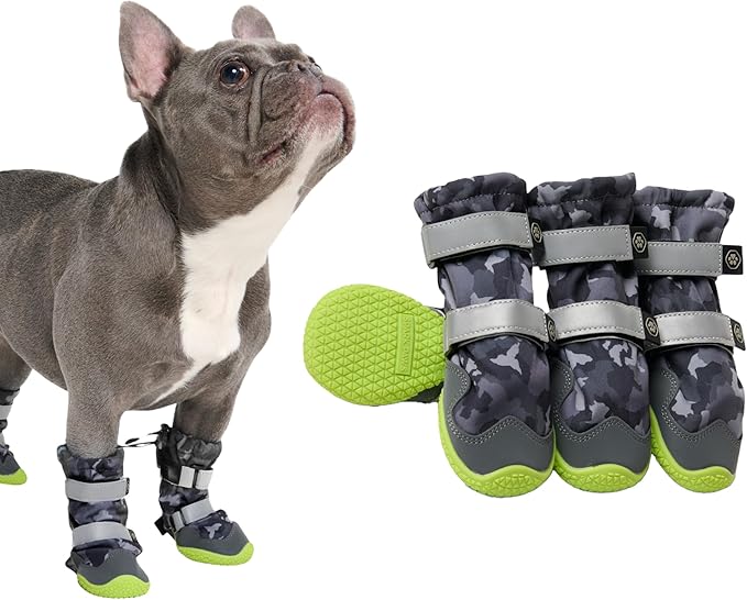 Spark Paws Dog Shoes, Waterproof Dog Boots for Medium to Large Dogs, Non Slip, Breathable Dog Booties and Paw Protectors - 4PCS Doggie Hiking Boots with Reflective Straps, Gray Camo, Size 2