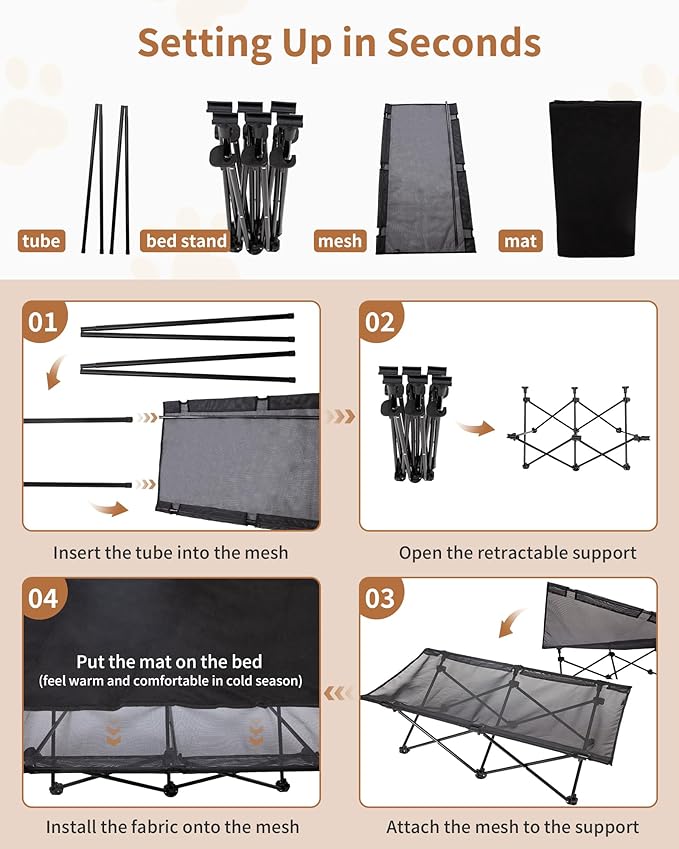 KingCamp Elevated Dog Bed for Large Dogs, Outdoor Raised Cooling Pet Cot Bed with Washable Breathable Mesh & No-Slip Feet Perfect for Camping, Backyard, Indoor Use (Large, Black)