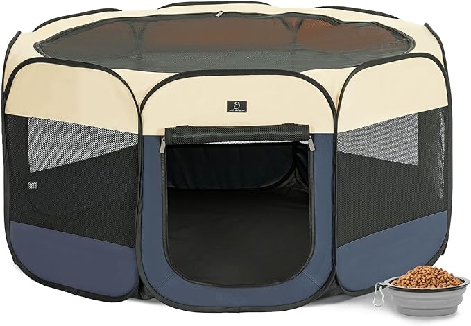 A 4 Pet Portable Dog Playpen, 49” Playpen for Dogs with Bowl, Suitable for Puppies, Kittens, and Small Animals, Removable Zipper & Mesh Panel(19”W × 12”H)