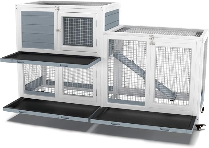 GDLF Two Floors 58" Wooden Indoor Bunny Hutch Rabbit Cage on Wheels Guinea Pig PET House for Small to Medium Animals Waterproof No Leak Tray