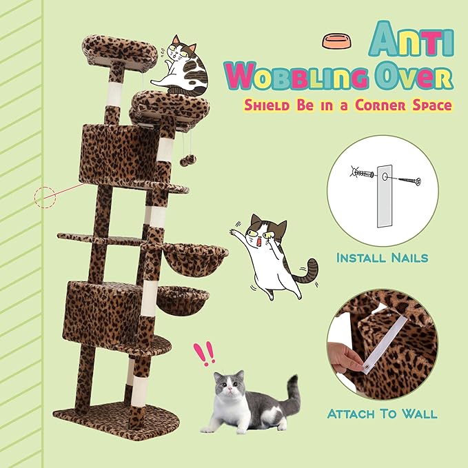 SHA CERLIN 73in Fan-Shaped Corner Cat Tower for Save Space/Multi-Level Tall Cat Tree for Indoor Kitties/Condo with Baskets/Cozy Perches/Sisal Scratching Posts/Pet Activity House/Leopard Print