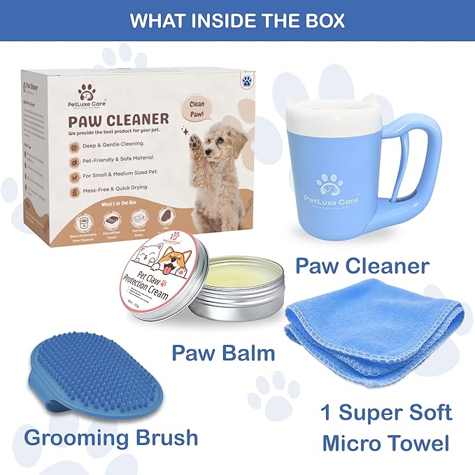 Dog Paw Cleaner for Small & Medium Dogs – Portable Paw Washer Cup with Soft Silicone Brush, Towel & Moisturizing Balm – Gently Cleans Muddy Paws After Walks (Blue, Small)
