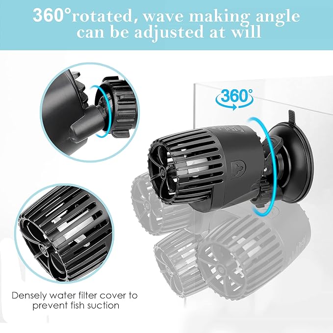 AQQA Aquarium Wave Maker,3W/5W/10W/15W Suction Cup Fish Tank Single Powerhead Pump，110V/60Hz Ultra Quiet Submersible Circulation Pump,360°Adjustable For Freshwater Saltwater Black