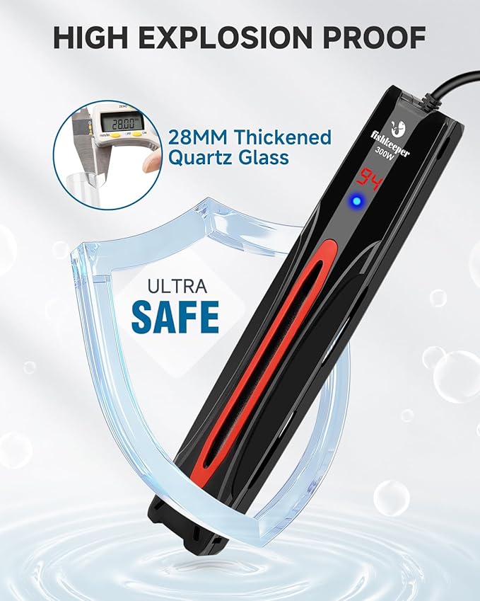 fishkeeper 300W/500W/800W Submersible Aquarium Heater for 40-220 Gal (Run-Dry/Overheat/Low-Temp Protection)(Precision Electronic Smart Thermostat)(Adjustable Temperature) Ultra-Safe Fish Tank Heater