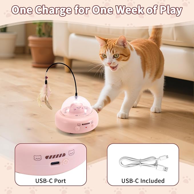 Automatic Cat Toys with Feathers, Interactive Cat Toy for Indoor Exercise, Rechargeable Teasing Toys for Indoor Cats, USB Powered, Smart Standby&Obstacle Avoidance(Pink)
