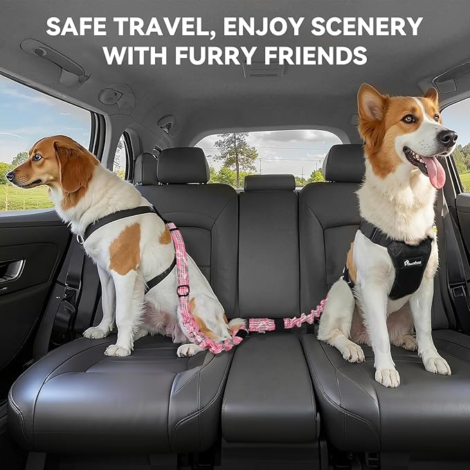 Pawaboo 2Pack Dog Seatbelt for Car, Dog Car Seat Belt Bungee, Dogs Tether for Cars with Buckle & Hook Latch, Adjustable Reflective Dogs Cars Harness Leash with 360° Lockable Buckle, Pink Camouflage