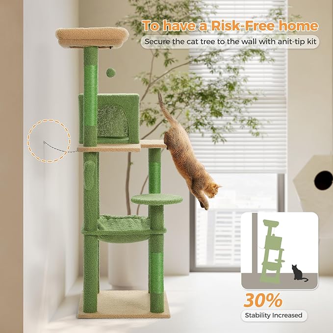 PETEPELA 56.3'' Tall Cat Tree for Indoor Cats, Cactus Cat Tower with Super Large Hammock (20''X16''), Sisal Covered Scratching Posts, Cozy Condo and Top Perch Green