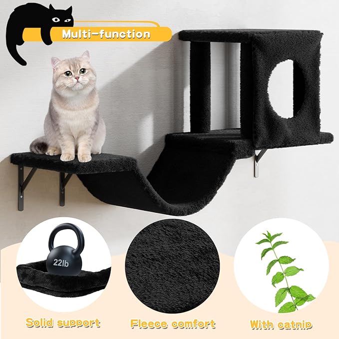 NUNU LAB Wall Mounted Cat Furniture, 6 Pcs Cat Wall Shelves with Condo House, Bridge, Steps, Scratcher, Hammock, Indoor Safe & Stable Furniture for Kittens Play, Black