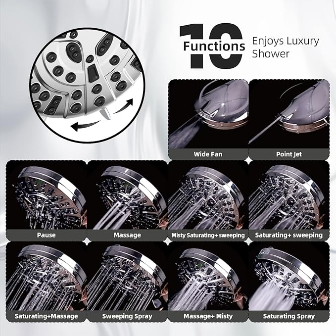 Shower Head,10 Functions High Pressure shower head with handheld, Built-in Pause Mode & 2 Power Wash, Non-Clogging Nozzles High Flow Hand Held Shower Head, Leakproof 6.5ft Hose&Metal Bracket