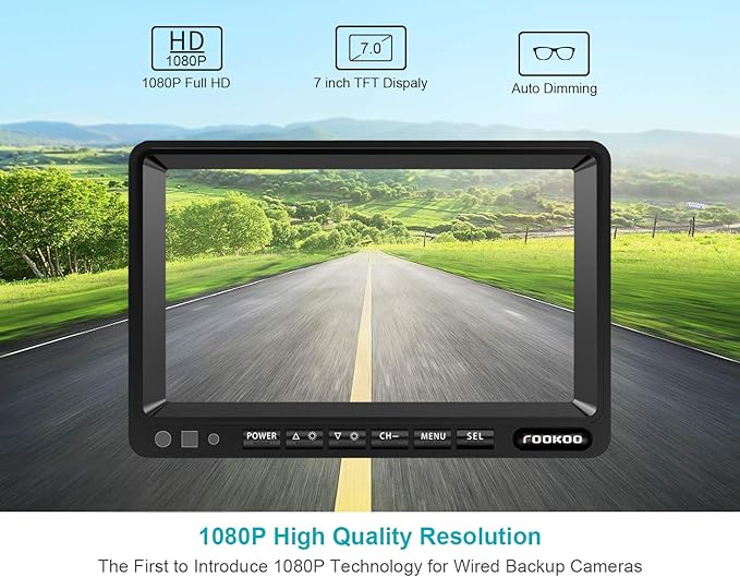 FOOKOO Ⅱ HD Backup Camera System Kit,7" 1080P Reversing Monitor+IP69 Waterproof Rear View Camera,Sharp CCD Chip, 100% Not Wash Up,Truck/Semi-Trailer/Box Truck/RV (FHD1-Wired)