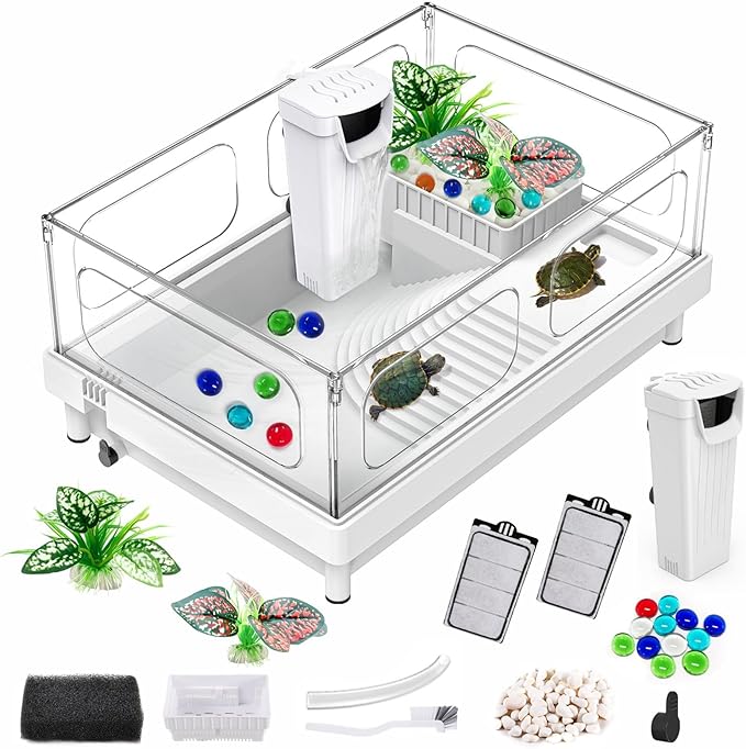 Small Turtle Tank with Filter, Acrylic Turtle Tank Starter Kit, Reptile Habitat and Terrarium with Multi-Functional Areas for Tortoise,Crab,Crayfish,Small Reptile. (Tank+Filter)