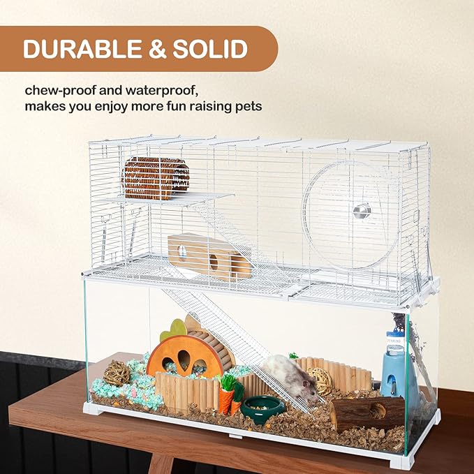 OIIBO 3 Tiers Large Hamster Cages, Glass Hamster Cage Habitat with Openable Wire Topper, Gerbil Cage with Two Ladders Ramps and Removeable Waterproof PVC Tray, Easy to Clean