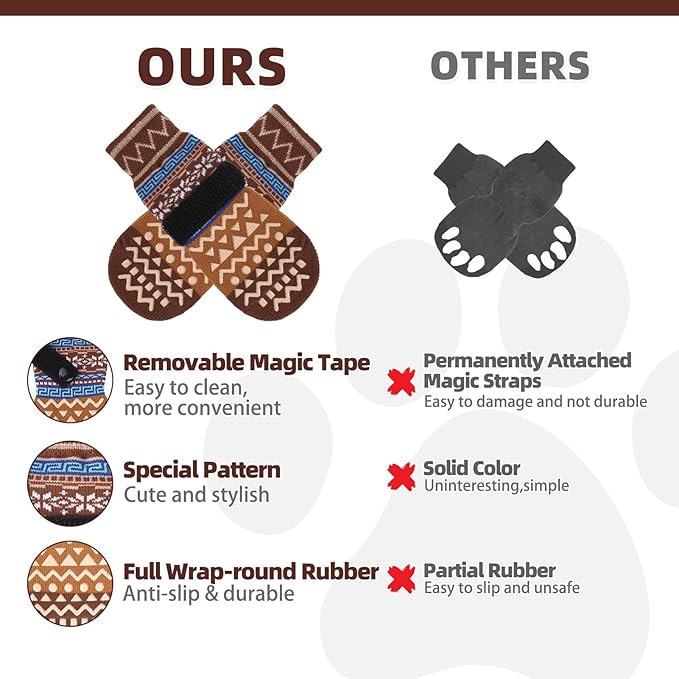 KOOLTAIL Dog Socks to Prevent Licking Paws for Hardwood Floors Anti Slip, Winter Warm Pet Boots&Paw Protector with Grippers, Double Sides Dog Shoes Booties for Small Medium Large Senior Dogs Khaki L