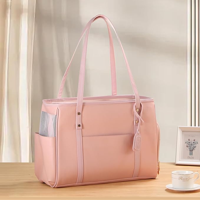 Fashion Dog Carrier Purse, Premium Leather Cat Carrier Bag, Airline Approved Soft Sided Pet Travel Tote Bag with Pockets Pink
