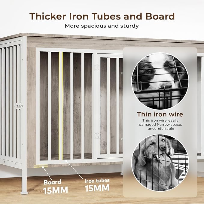 78 Inch Dog Cage Furniture for 2 Large/Medium Dogs with Removable Divider, Extra Large Double Doors Dog Kennel, XXL Thick Wooden Dog cage Furniture, Durable and Sturdy, Beige